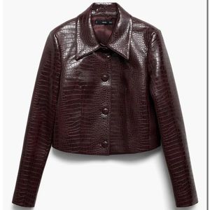 Mango Croc-Embossed Leather Jacket in Dark Brown